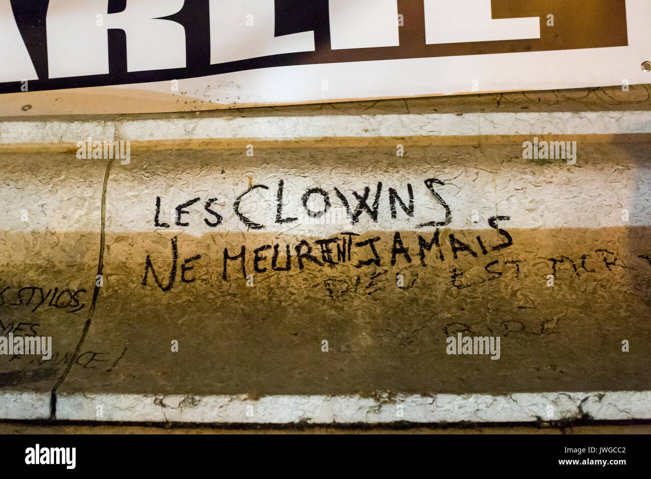 Clowns never die, les clowns ne meurent jamais. Homage at the victims of Charlie hebdo killing in Paris the 7th of january 2015. Stock Photo