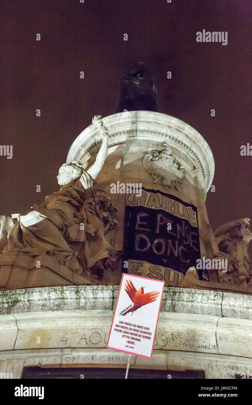 Aul Eluard poem liberty at place d ela republique. Homage at the victims of Charlie hebdo killing in Paris the 7th of january 2015. Stock Photo