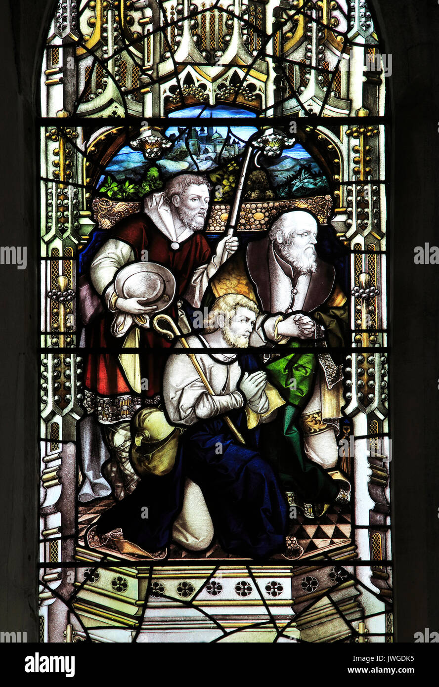 Stained glass window above altar Church of Saint Mary, Coddenham, Suffolk, England, UK Stock Photo