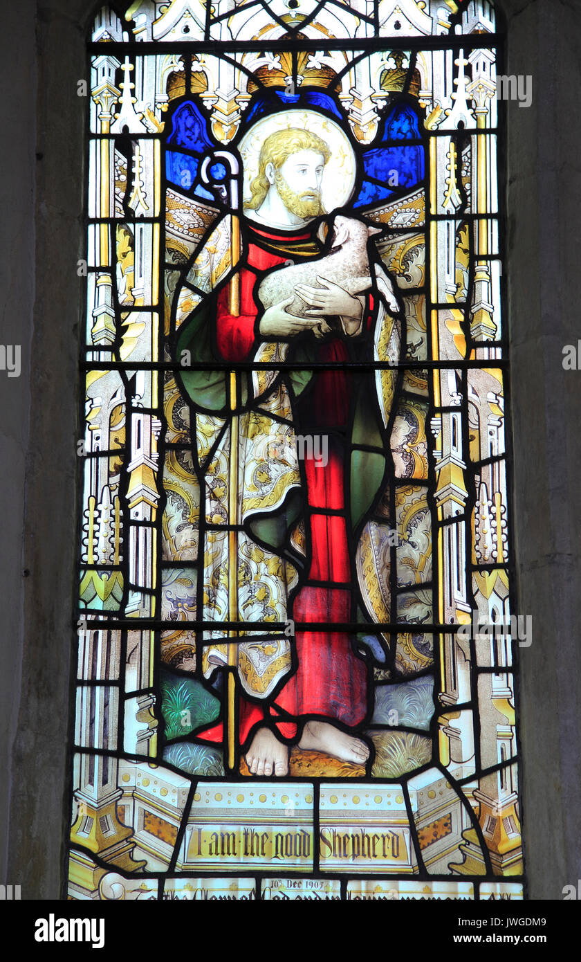 Good Shepherd stained glass window Church of Saint Mary, Coddenham, Suffolk, England, UK Stock Photo
