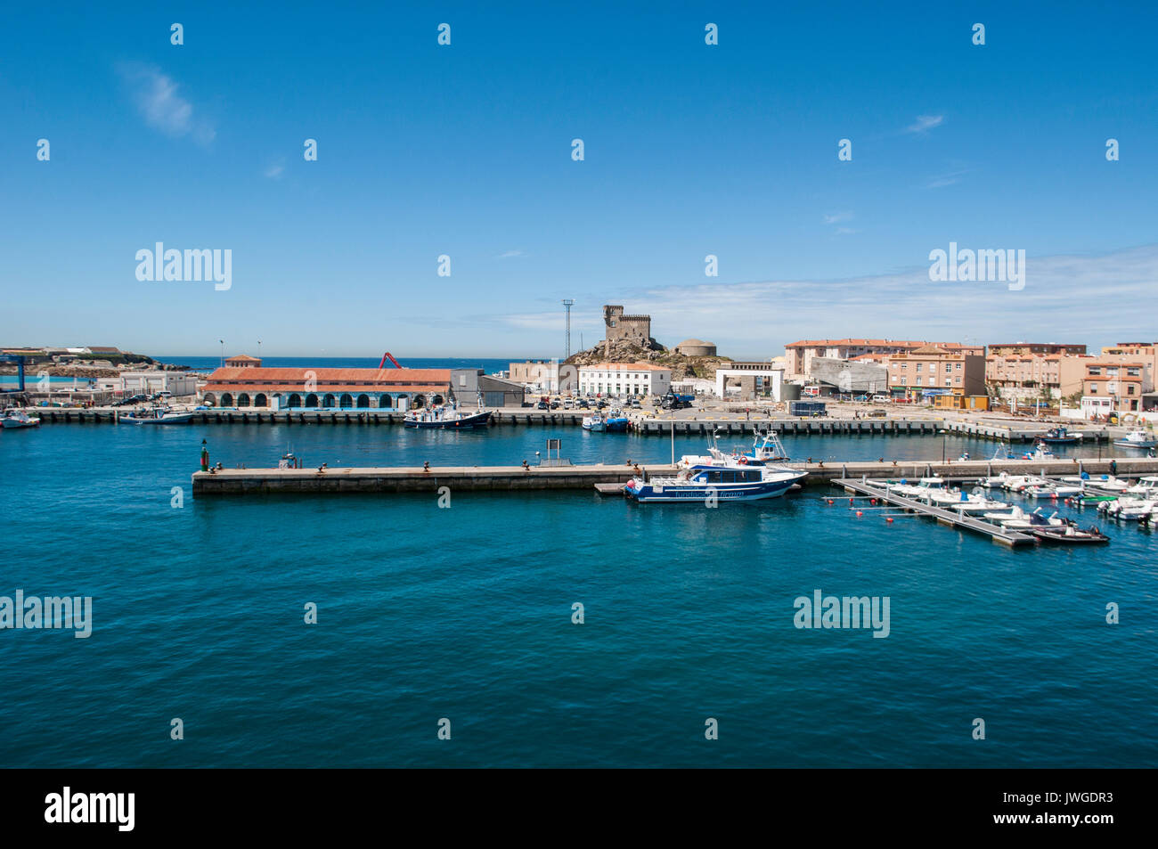 The port of Tarifa seen from the Strait of Gibraltar that connects Spain to Morocco, stretch of sea that joins Atlantic Ocean to Mediterranean Sea Stock Photo