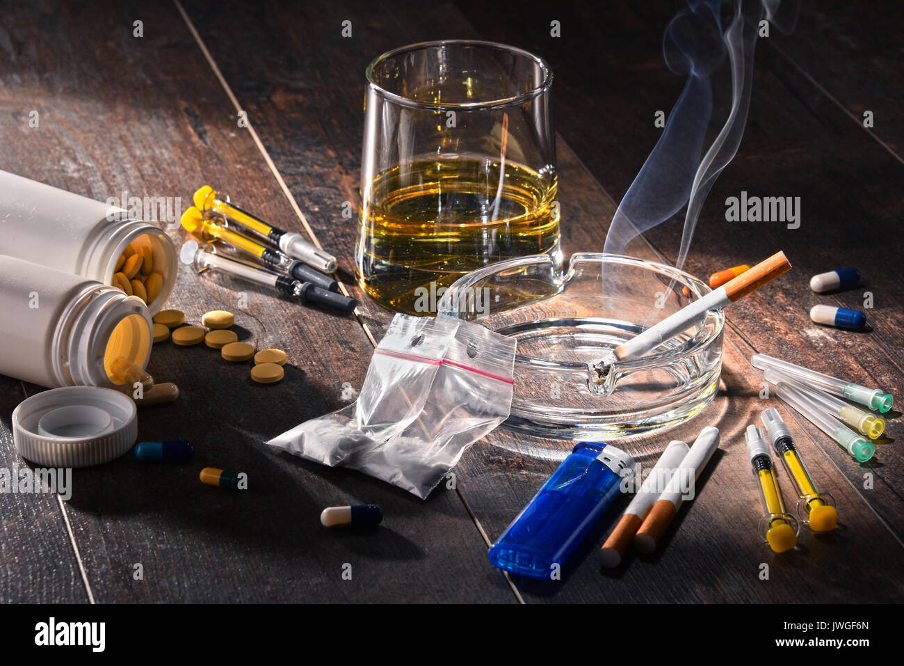 Addictive substances, including alcohol, cigarettes and drugs Stock