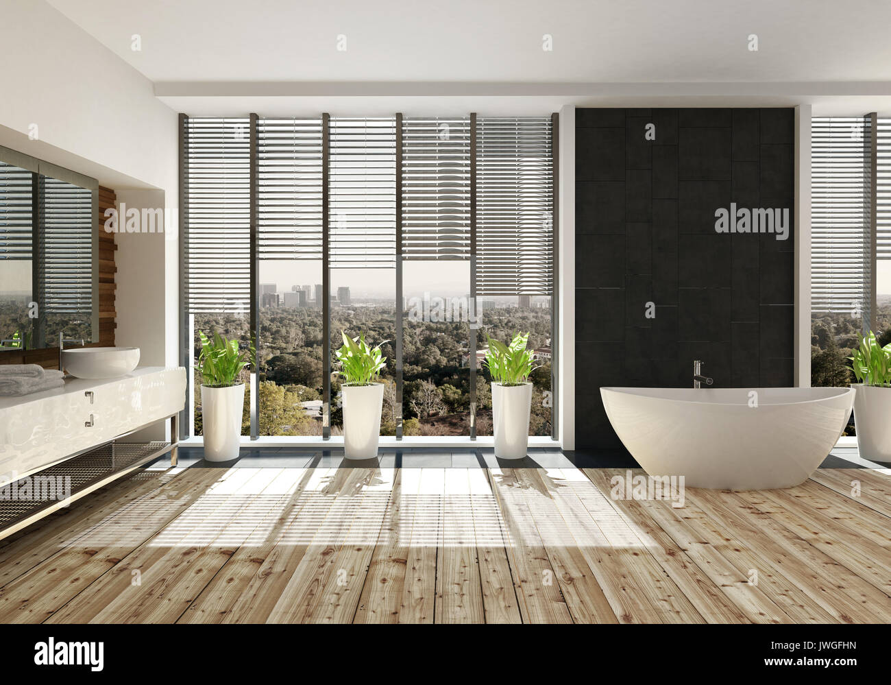 Modern sunlit bathroom with minimalist design featuring a boat shaped tub on a light wood floor and potted plants in front of floor to ceiling windows