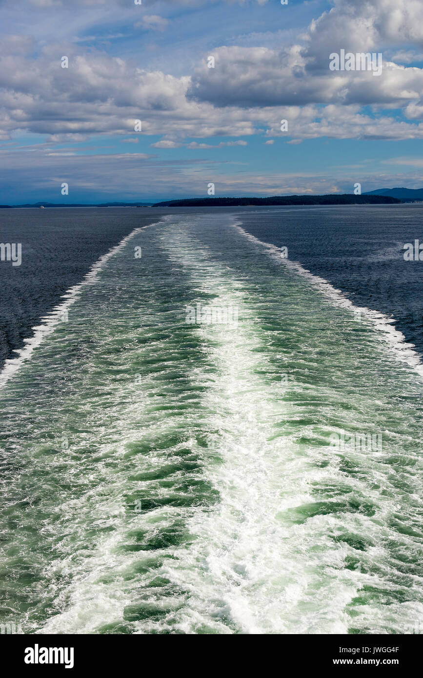 The Wake Created by a BC Ferries Car and Passenger Ferry Voyaging from Swartz Bay to Vancouver Tsawwassen British Columbia Canada Stock Photo