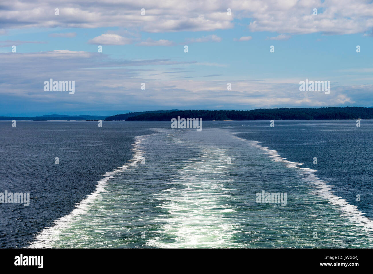 The Wake Created by a BC Ferries Car and Passenger Ferry Voyaging from Swartz Bay to Vancouver Tsawwassen British Columbia Canada Stock Photo