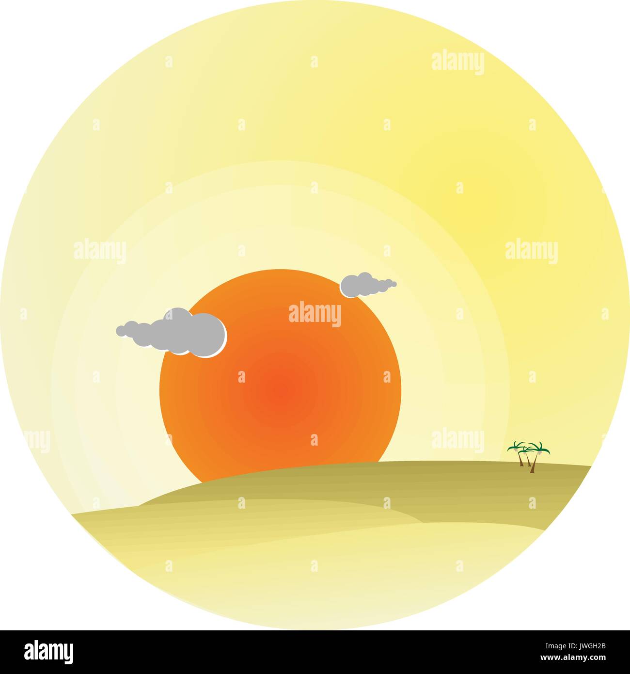 Desert sunset with clouds landscape circle flat icon Stock Vector