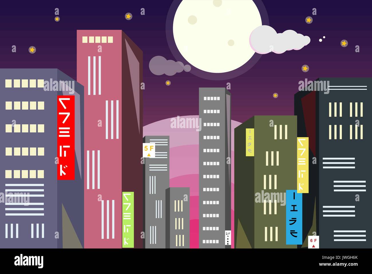 Tokyo surise and moon landscape flat style Stock Vector