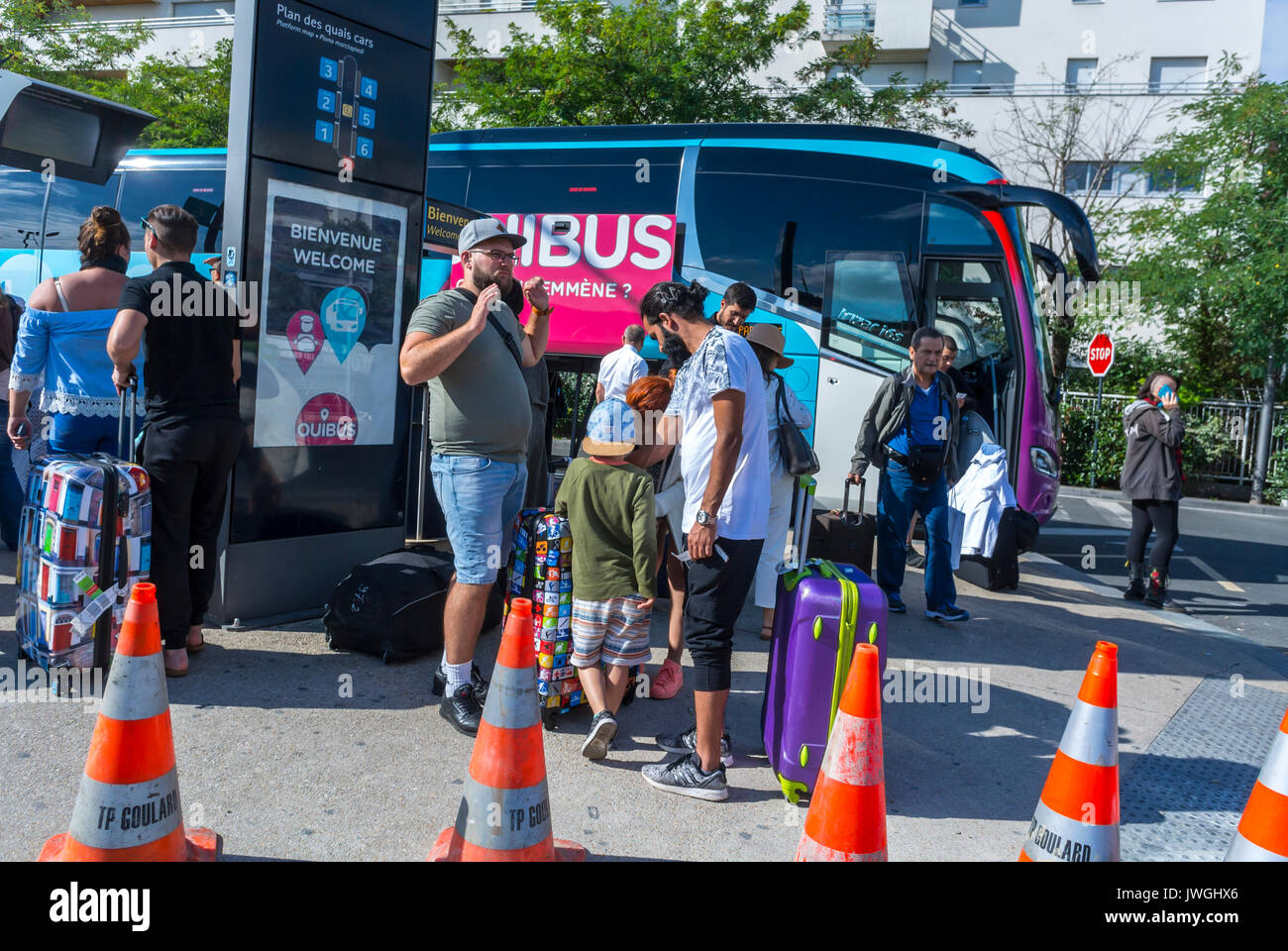 Paris, France, group of teens Tourists Travelling on DIscount Bus, Ouibus, Gare de Bercy, vacation, Young adults on holiday Stock Photo