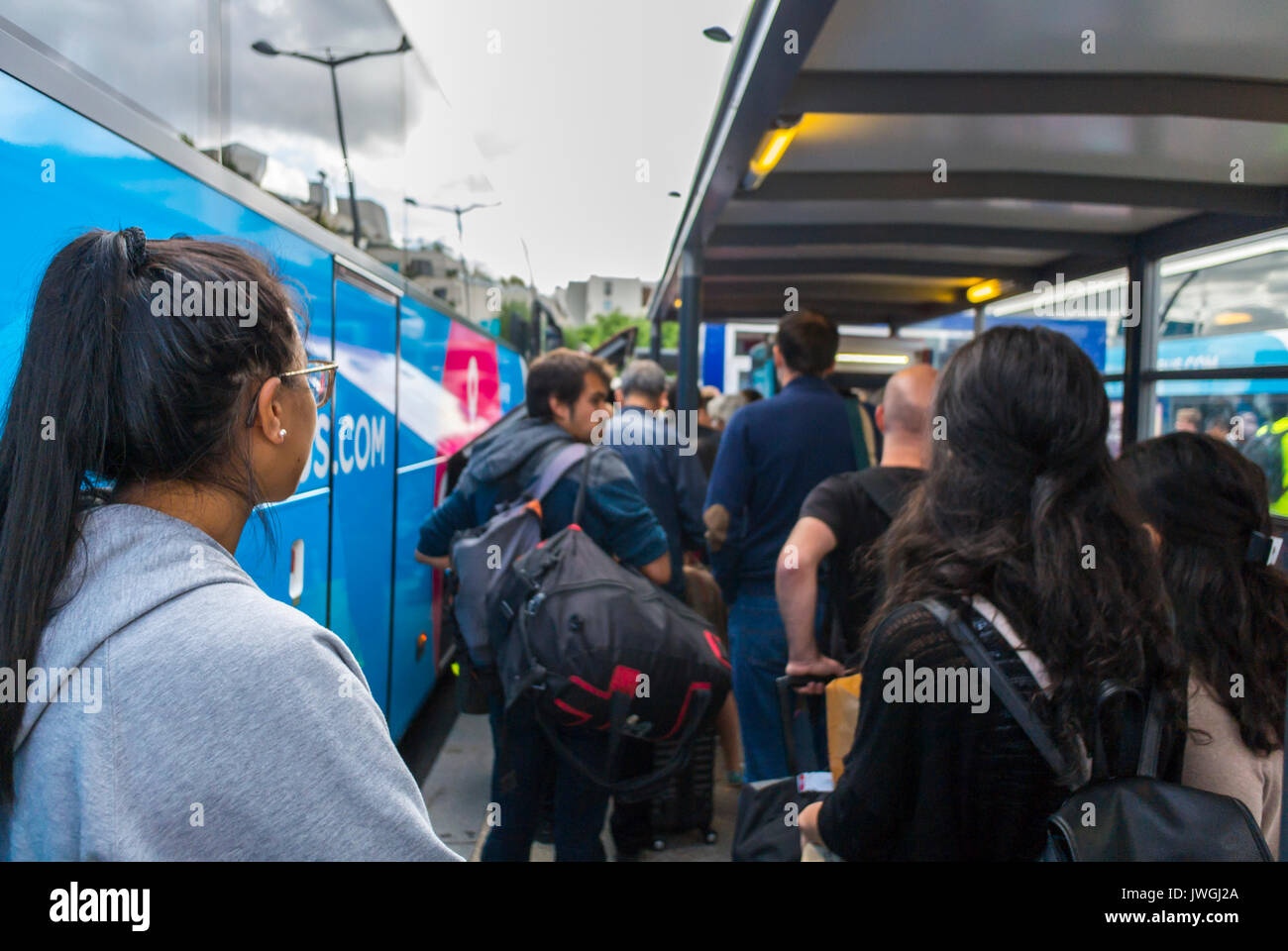 Paris, France, Tourists Travelling on DIscount Bus Stop, Ouibus, Gare de Bercy Stock Photo
