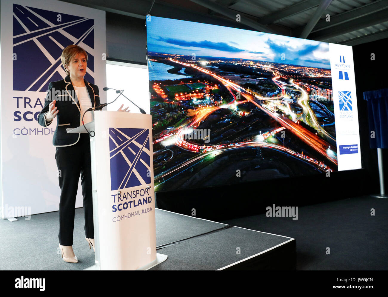 First Minister Nicola Sturgeon speaks at the official opening of the recently completed section of the M8 motorway near Glasgow. Stock Photo