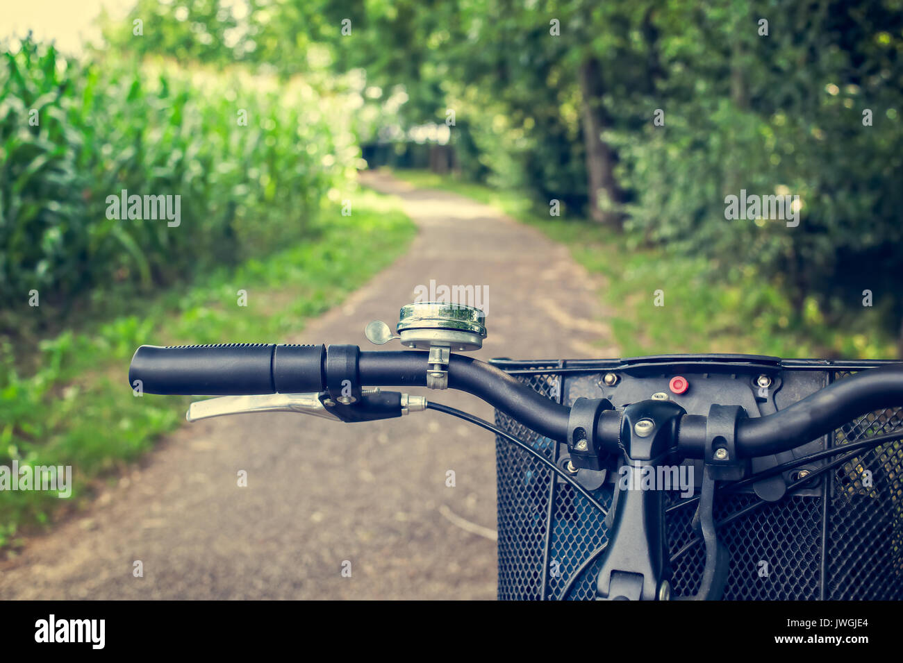 Bike path and bicycle handlebar close-up. Bicycle friendly city. Eco-friendly transport and healthy lifestyle concept. Stock Photo