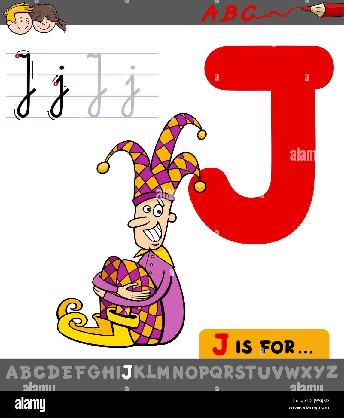 Educational Cartoon Illustration of Letter J from Alphabet with Jester Character for Children Stock Vector