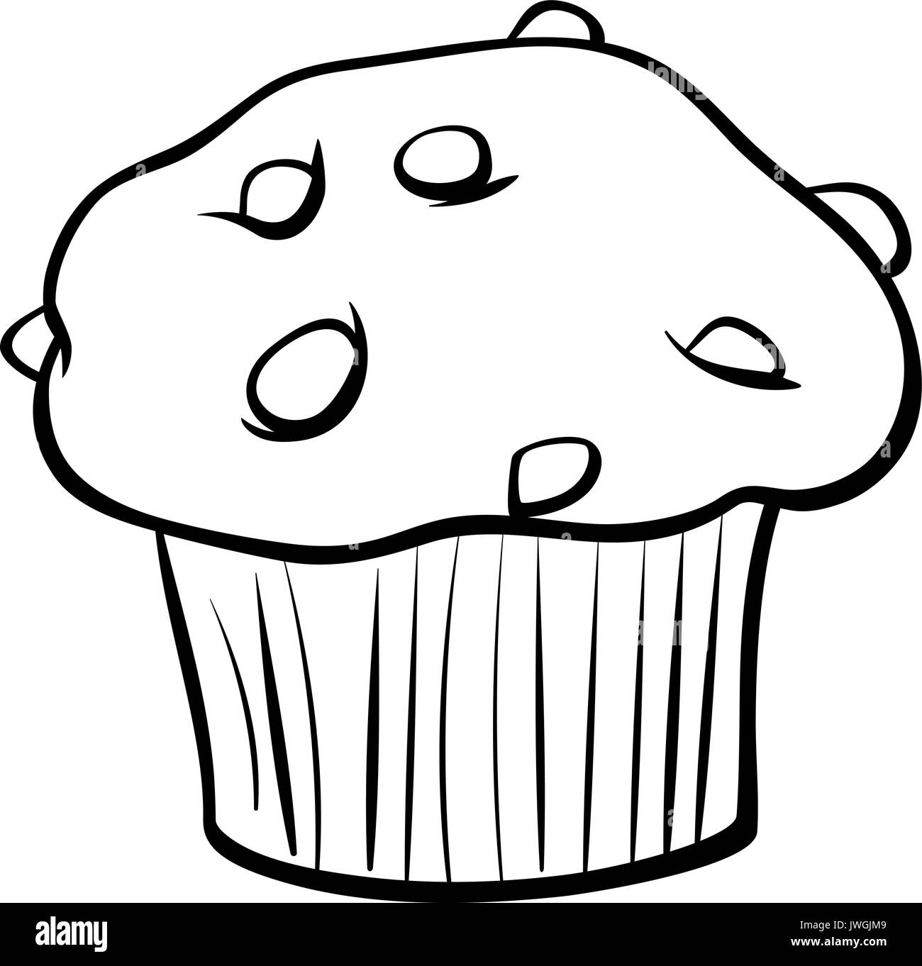 Black and White Cartoon Illustration of Sweet Muffin Cake with Chunks of Chocolate Clip Art Food Object Coloring Book Stock Vector