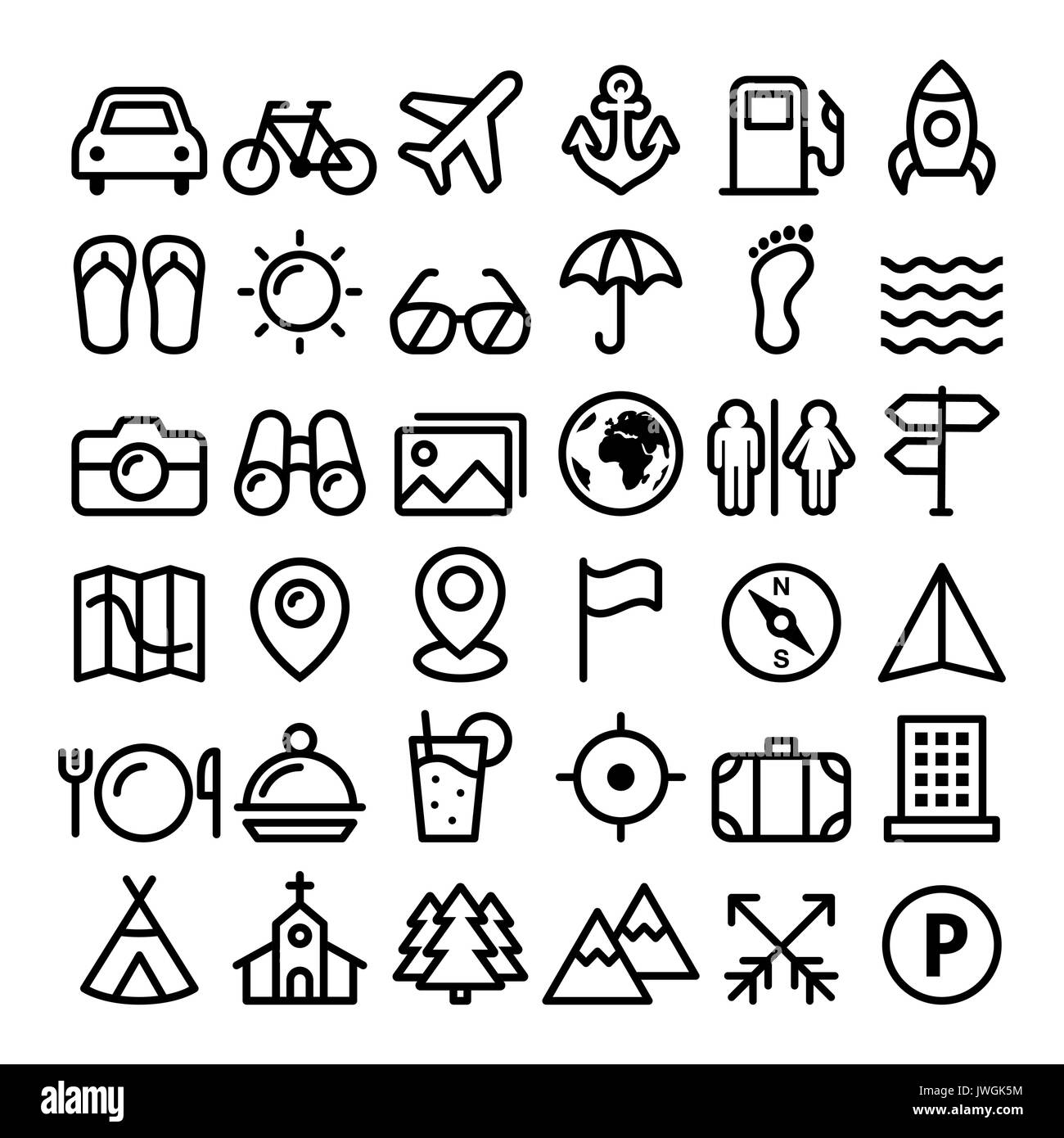 Travel line icons set, holidays, transportation minimalist design collection - big pack Stock Vector