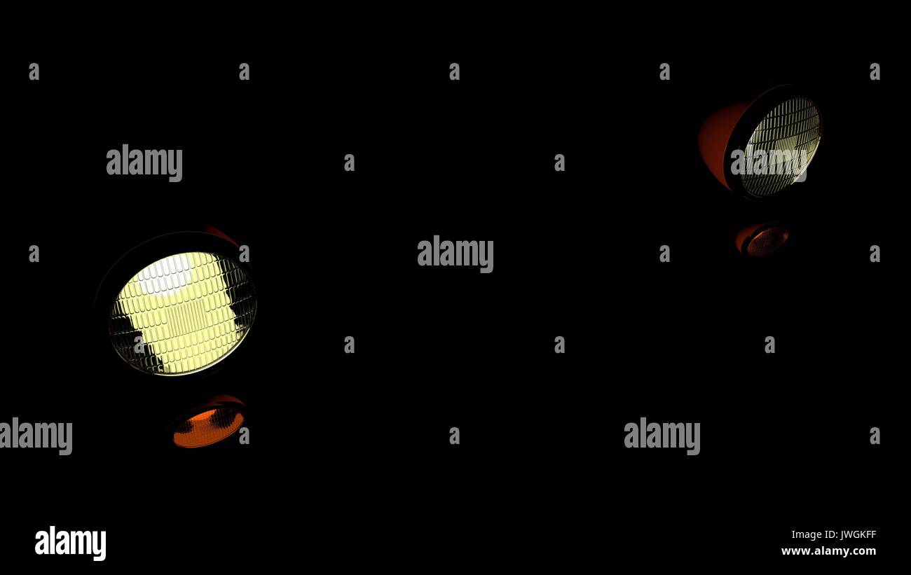 Headlights of a car approaching in the dark. 3D render background Stock Photo