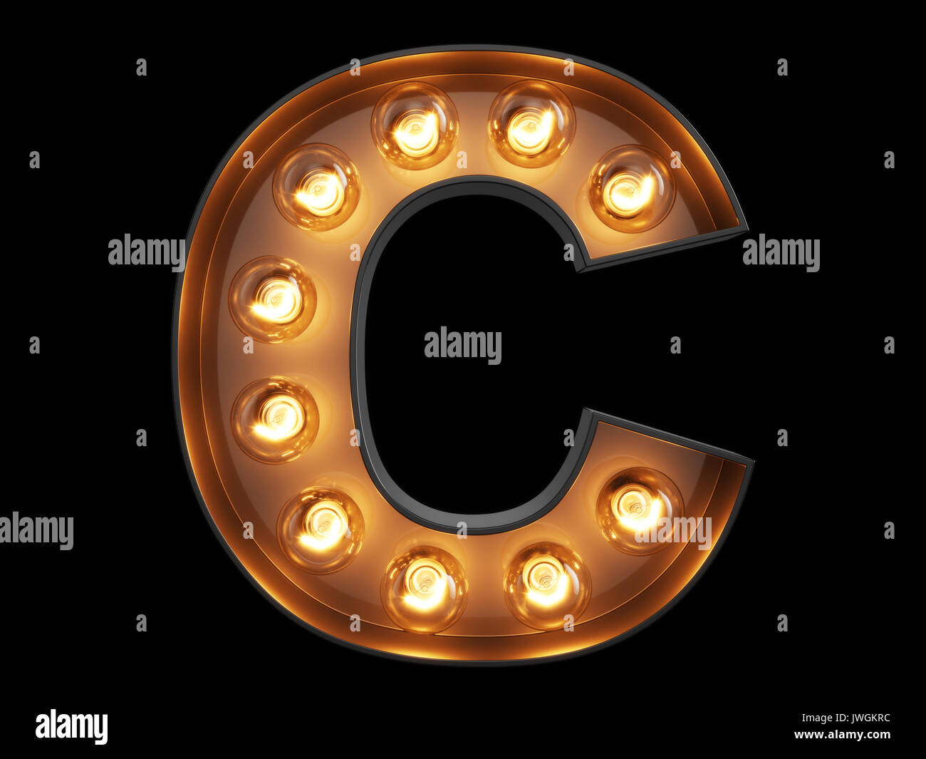 Light bulb glowing letter alphabet character C font. Front view Stock