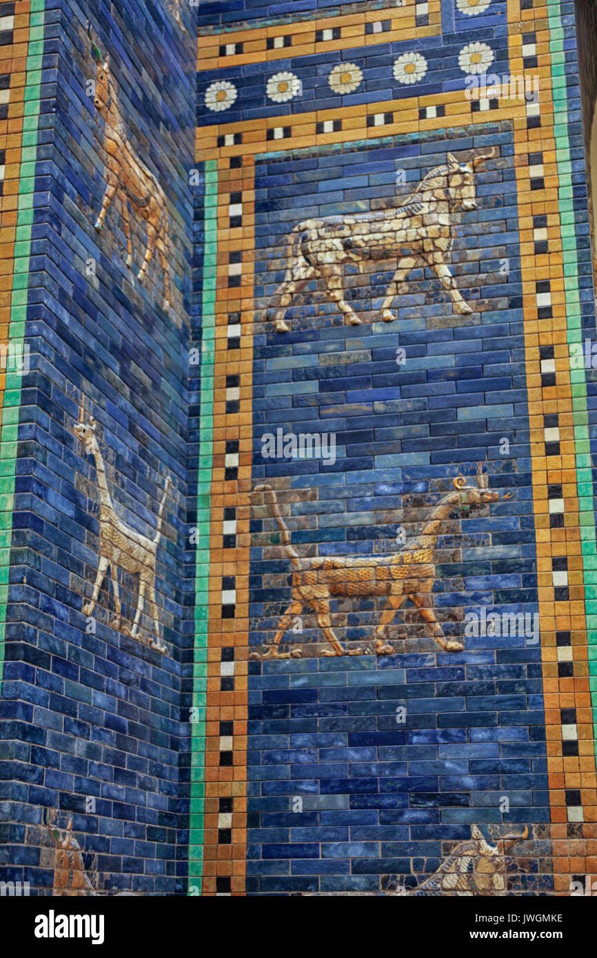 Three dimensional tiled dragons and aurochs from the Babylonic Ishtar Gate. Stock Photo