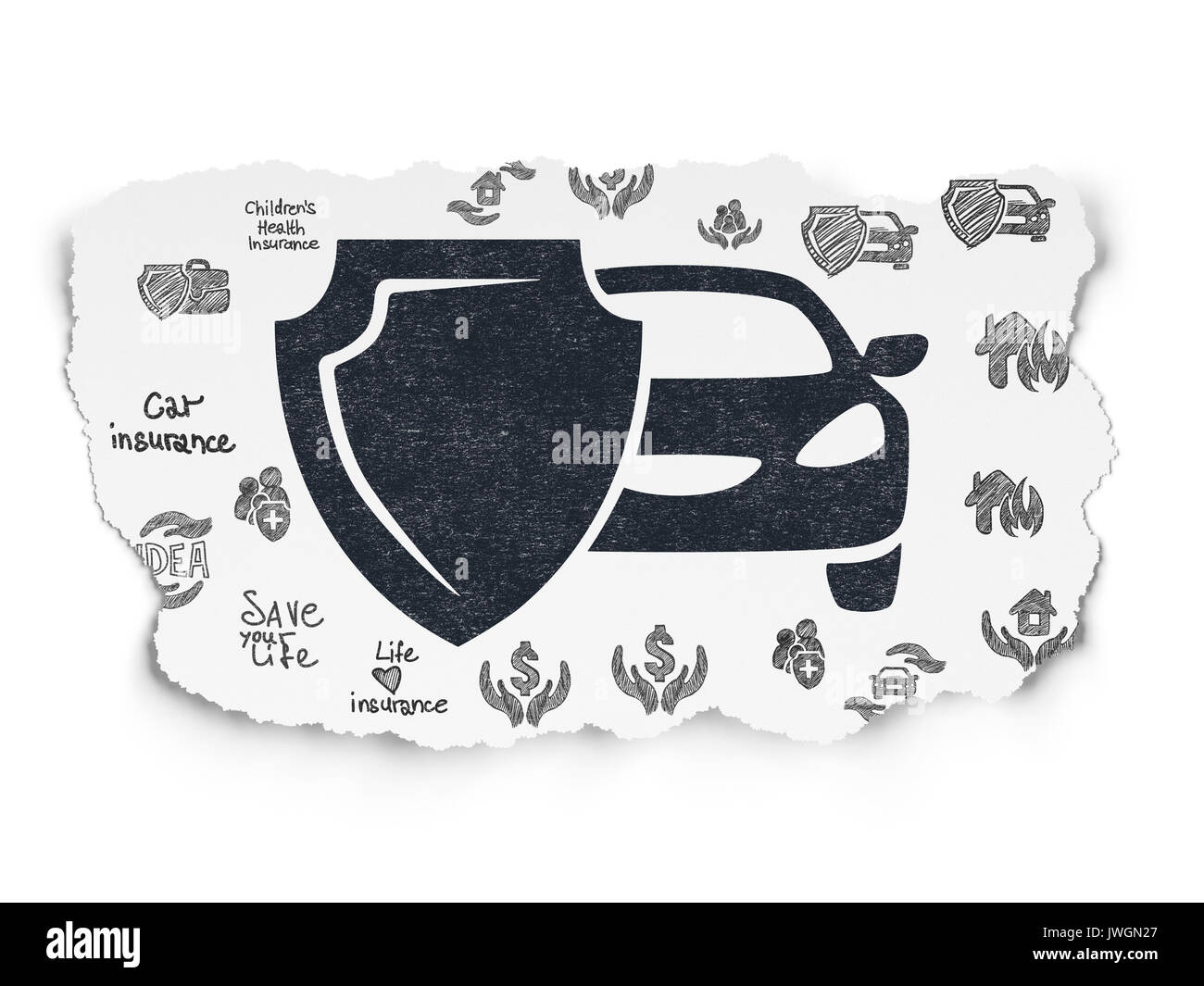 Insurance concept: Car And Shield on Torn Paper background Stock Photo ...