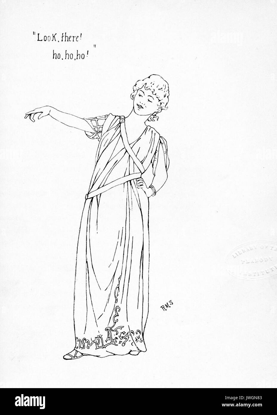 Delsarte Method illustration of a woman pointing and laughing, with the caption Look There Ho Ho Ho, 1893. Stock Photo