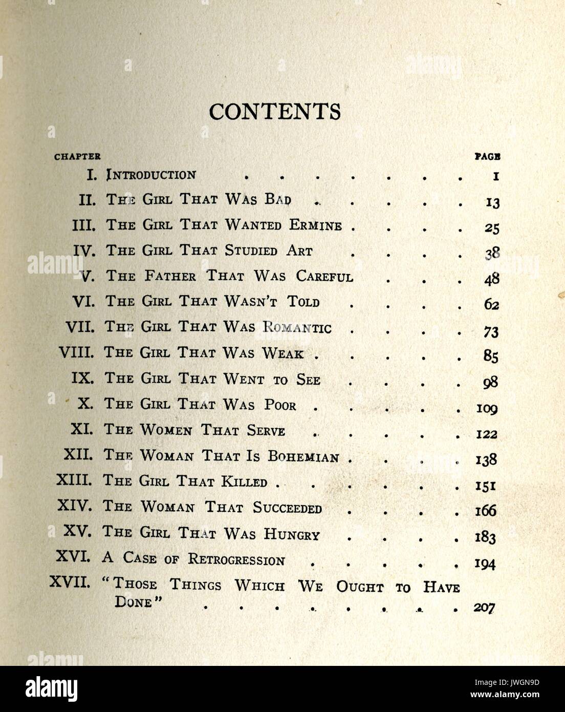 Table of contents showing stories in The Girl that Goes Wrong, by Reginald Wright Kauffman, an early book about prostitution and human trafficking in New York City, 1911. Stock Photo
