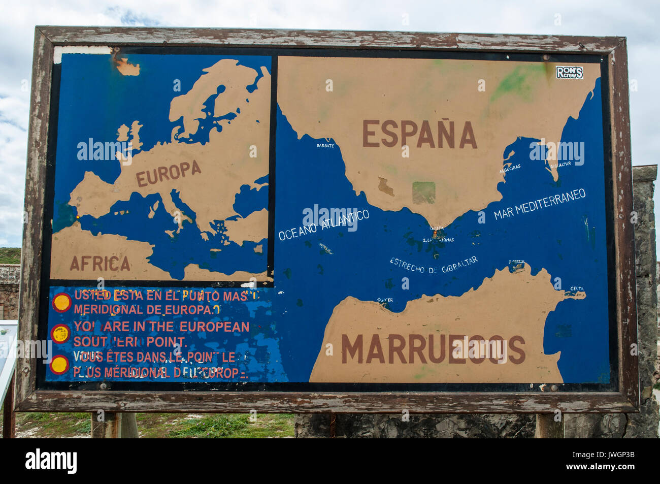 Spain: the map on Isla de las Palomas (Pidgeon Island) indicating the southernmost point of the Iberian Peninsula and continental Europe Stock Photo