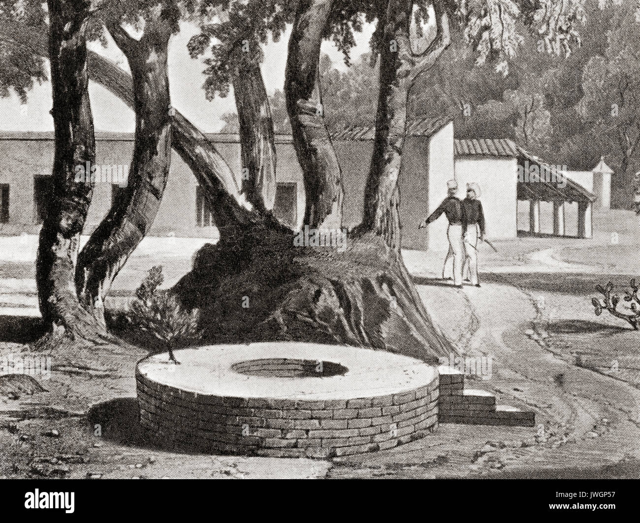 The Well at Cawnpore, India.  The besieged forces of the East India Company, unprepared for an extended siege, surrendered to the rebel forces in return for a safe passage to Allahabad, however their evacuation turned into a massacre, the men were killed and 120 British women and children were murdered and their remains thrown down a well to hide the evidence.  From Hutchinson's History of the Nations, published 1915. Stock Photo
