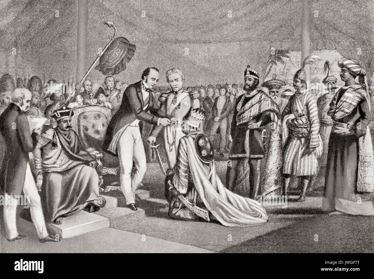 The Rajas of Rewa, Benares and Chikari being decorated for their loyalty to the English during the Indian Mutiny by Lord Canning at Cawnpore in 1859.  Charles John Canning, 1st Earl Canning, 1812 – 1862 aka The Viscount Canning.  English statesman and Governor-General of India during the Indian Rebellion of 1857.  From Hutchinson's History of the Nations, published 1915. Stock Photo