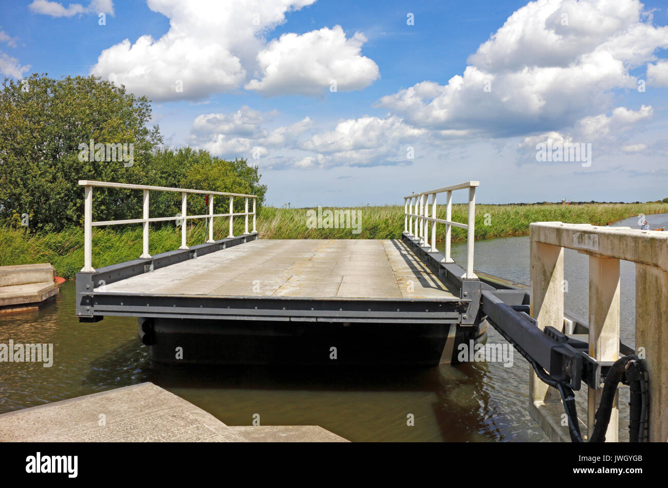 A view of the floating swing bridge opening on the River Thurne at