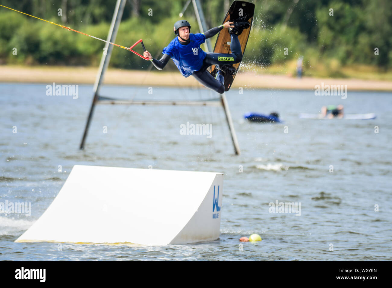 Wakeboarding via a cable tow system at Chasewater, Staffordshire, UK