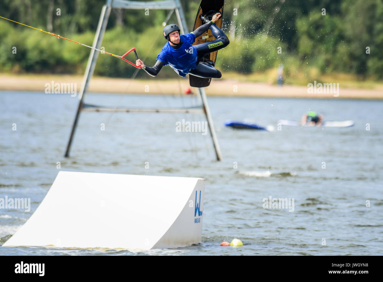 Wakeboarding via a cable tow system at Chasewater, Staffordshire, UK