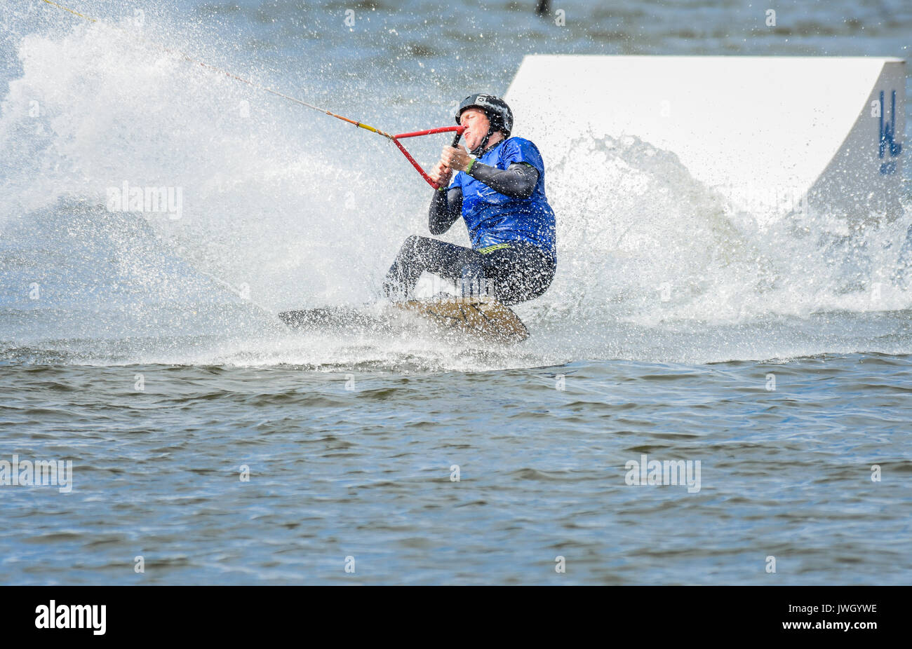 Wakeboarding via a cable tow system at Chasewater, Staffordshire, UK