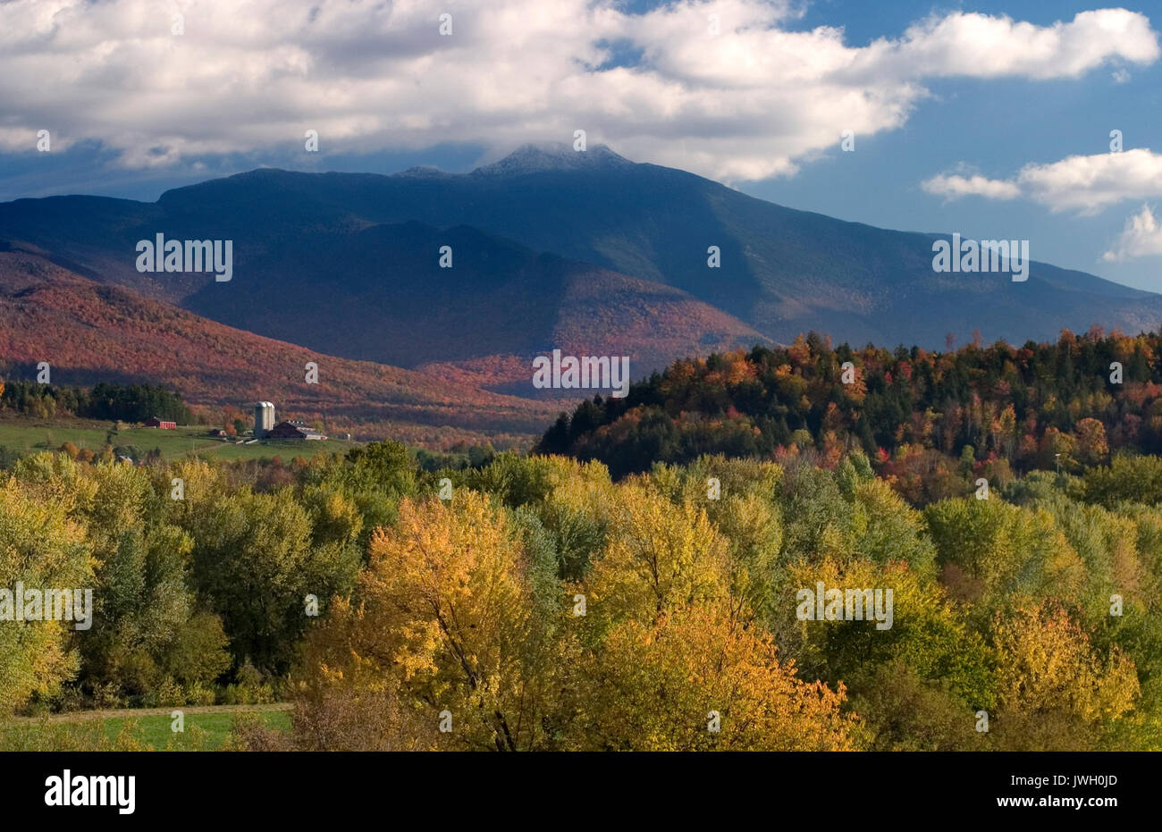 Mt. Mansifield from Pleasant Valley in Cambridge Vermont. Stock Photo