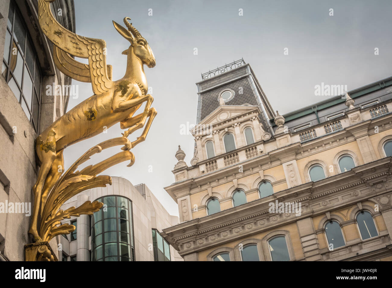 A life-size gold Springbok (Antidorcas marsupialis) outside the South African High Commission in Trafalgar Square, London, UK Stock Photo