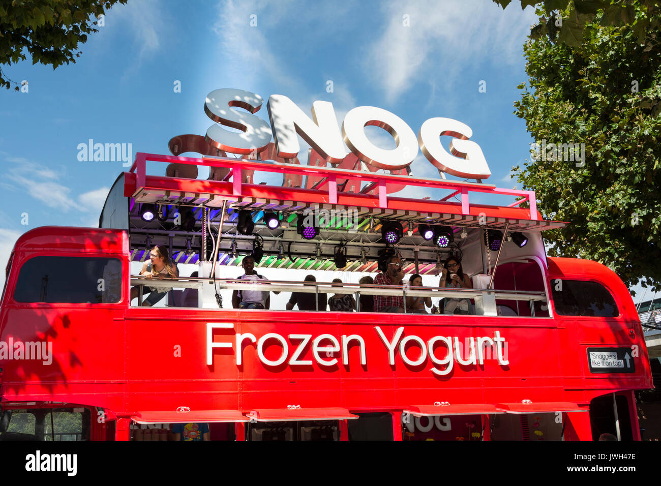 The Snog Frozen Yogurt doubledecker London bus on the Southbank