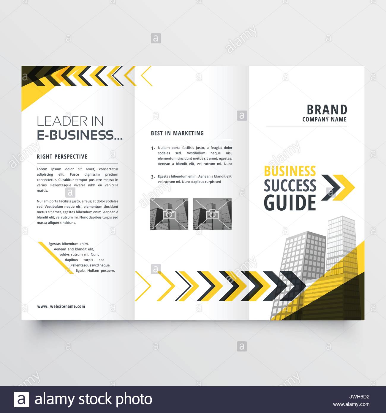 awesome tri fold brochure design in yellow black shapes with arrow