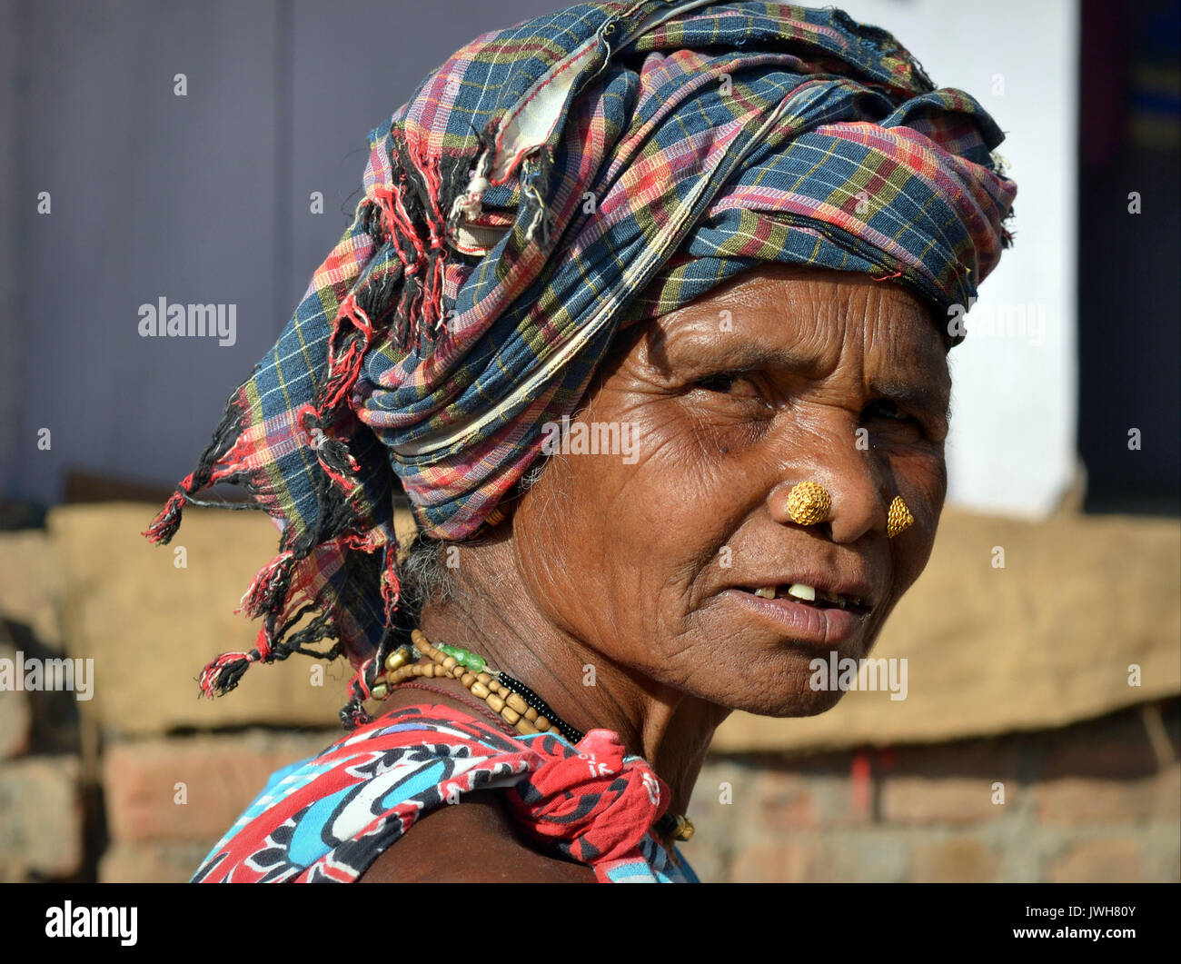 Elderly Indian Adivasi woman with two golden nose studs poses for the camera. Stock Photo