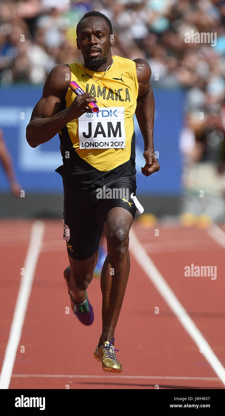 London, UK. 12th Aug, 2017. Usain Bolt during 4 times 100 meter relay heat in London at the 2017 IAAF World Championships athletics. Credit: Ulrik Pedersen/Alamy Live News Stock Photo