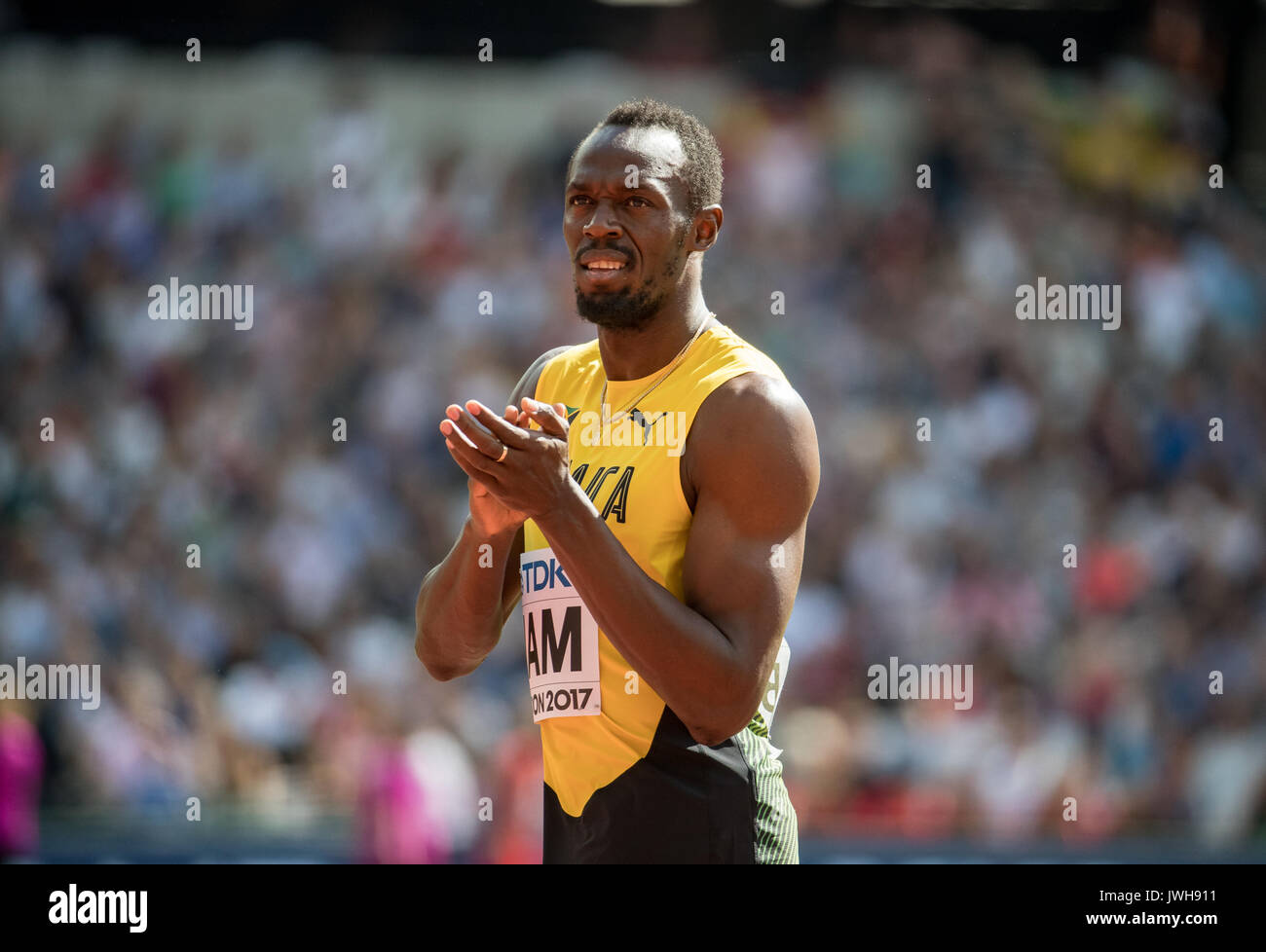 London, UK. 12th Aug, 2017. Usain BOLT of Jamaica before his 4x100 metre heat during the IAAF World Athletics Championships 2017 on DAY 9 at the Olympic Park, London, England on 12 August 2017. Photo by Andy Rowland/PRiME Media Images. Credit: Andrew Rowland/Alamy Live News Stock Photo