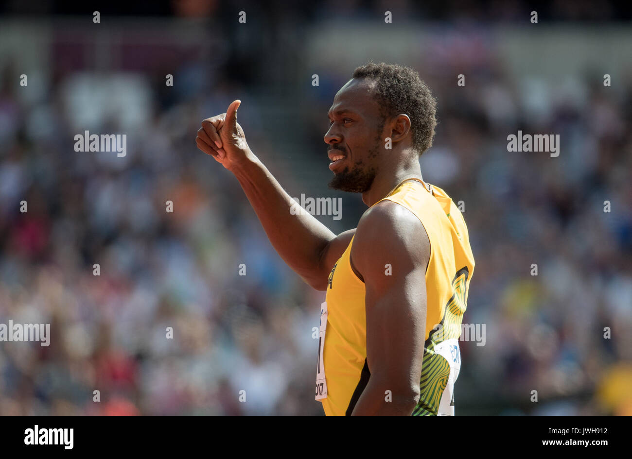 London, UK. 12th Aug, 2017. Usain BOLT of Jamaica gives a thumb up before his 4x100 metre heat during the IAAF World Athletics Championships 2017 on DAY 9 at the Olympic Park, London, England on 12 August 2017. Photo by Andy Rowland/PRiME Media Images. Credit: Andrew Rowland/Alamy Live News Stock Photo
