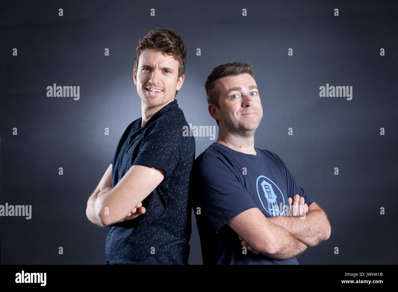 Edinburgh, UK. 12th August 2017. BBC Radio 1 presenter Greg James (left)  and newsreader Chris Smith, co-authors , appearing at the Edinburgh  International Book Festival. Gary Doak / Alamy Live News Stock Photo - Alamy