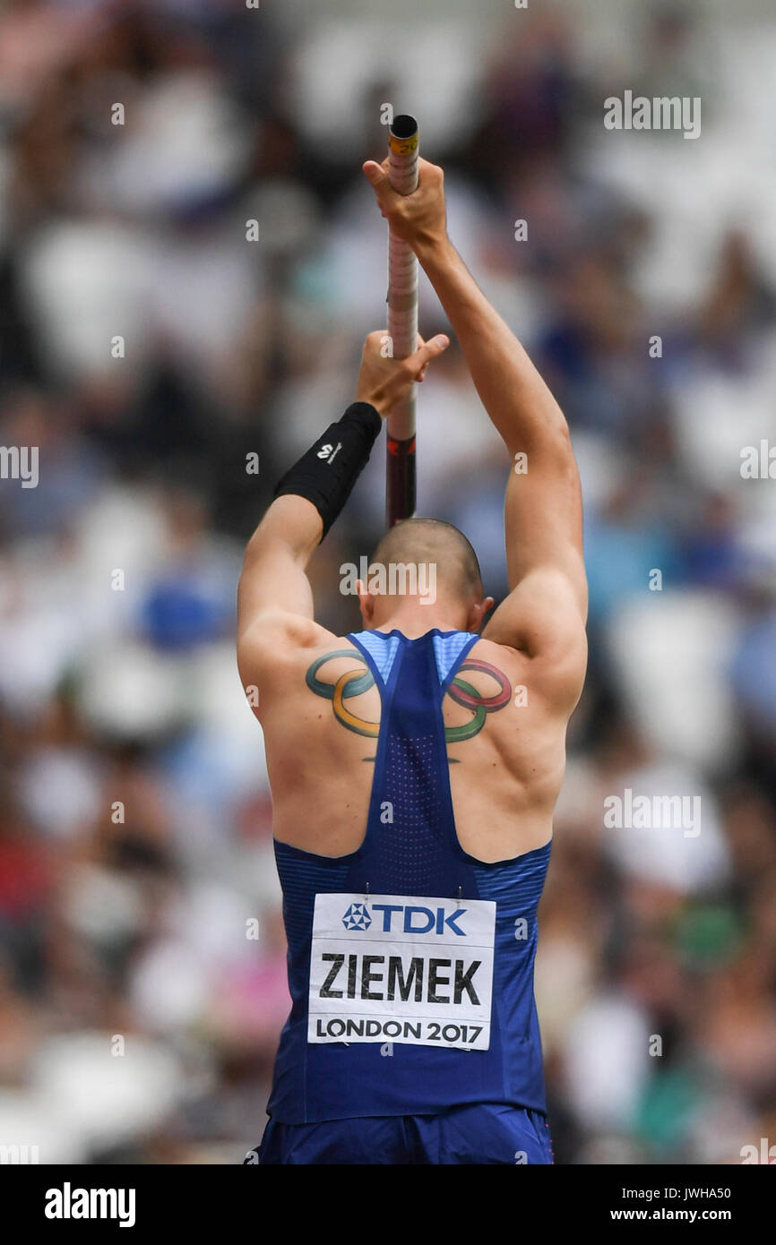 London, UK. 12 August 2017. Zach Ziemek (USA), with a tattoo of Olympic