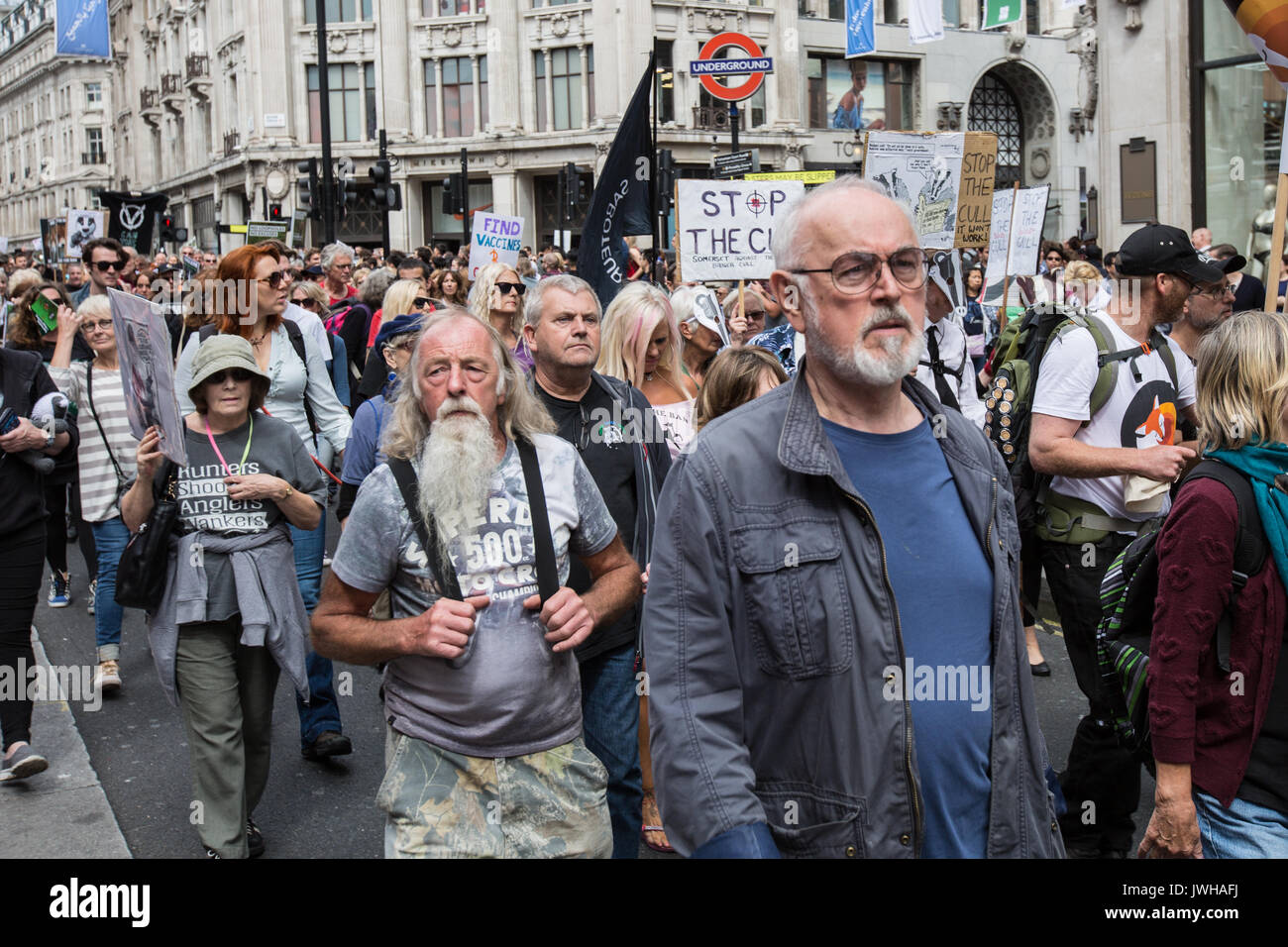London, UK. 12th Aug, 2017. The Actor Peter Egan, joins the protest organised by the Make Hunting History coalition, the Badger Trust and Care2. Demonstrators marched through central London and rallied outside of Downing Street. Credit: David Rowe/Alamy Live News Stock Photo