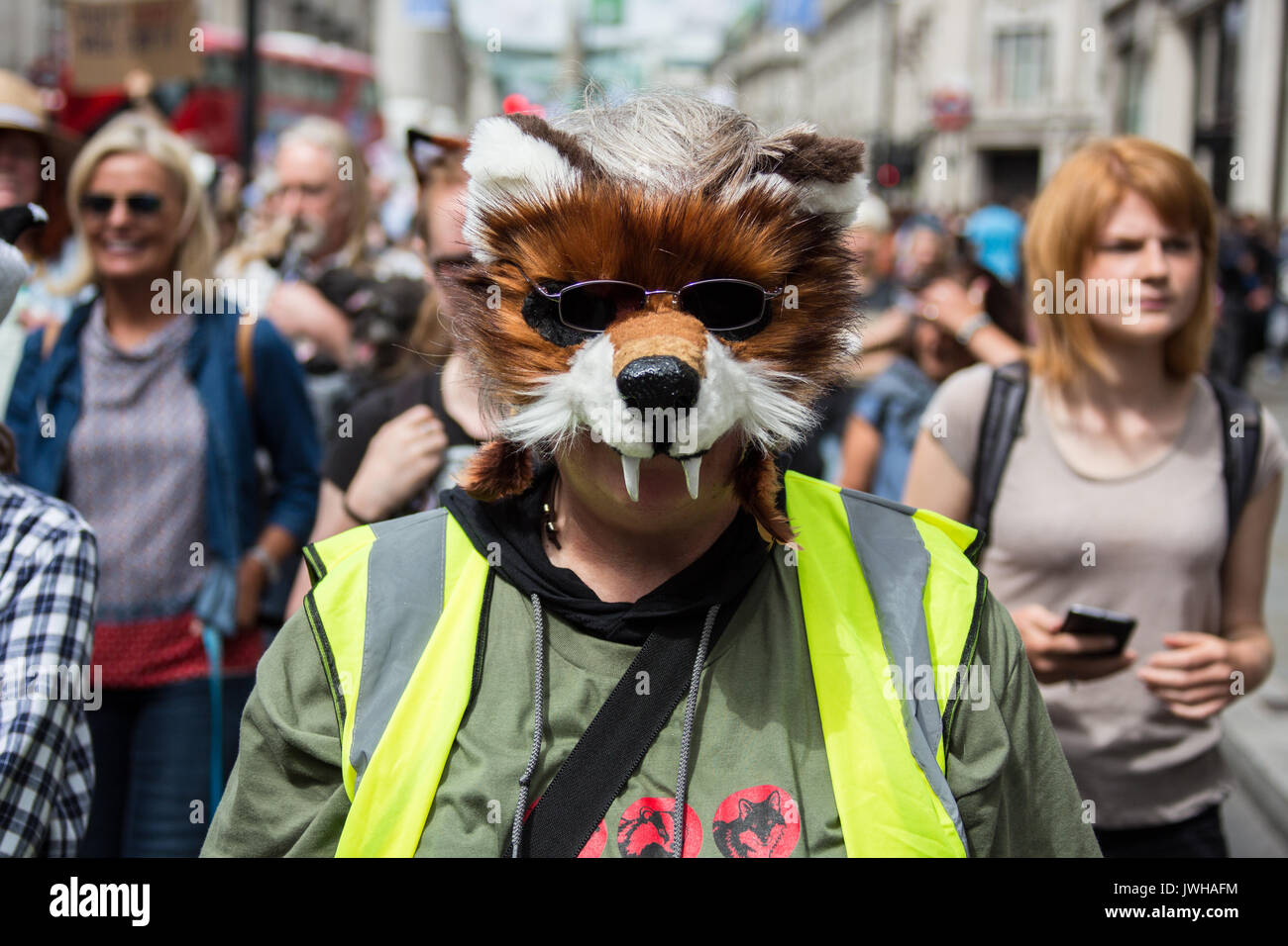 London, UK. 12th Aug, 2017. In a Protest organised by the Make Hunting History coalition, the Badger Trust and Care2 demonstrators marched through central London and rallied outside of Downing Street. Credit: David Rowe/Alamy Live News Stock Photo