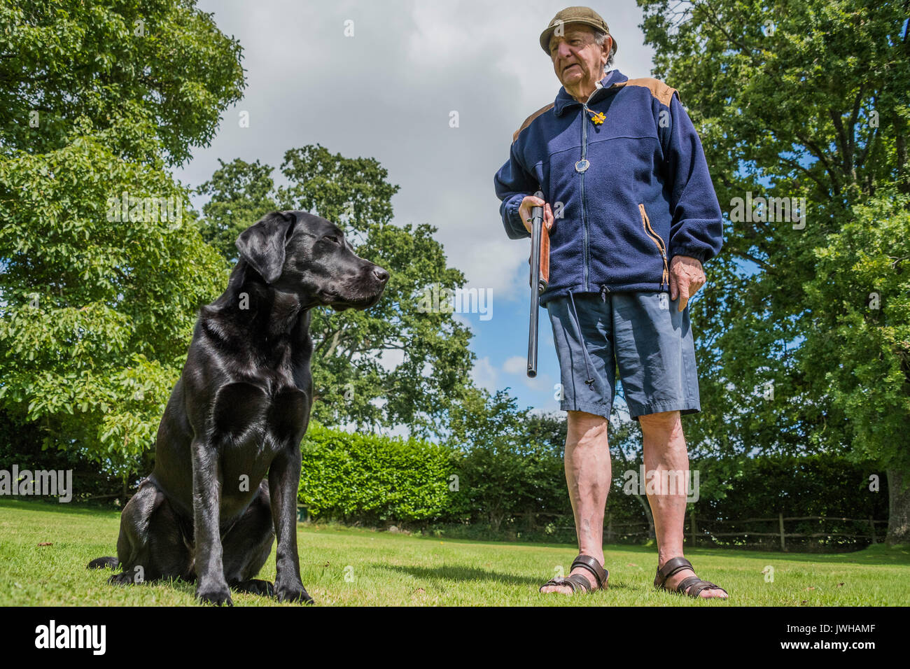 Sussex, UK. 12th Aug, 2017. The glorious 12th and Kevin celebrates his 88th birthday with gun and dog. Credit: Guy Bell/Alamy Live News Stock Photo