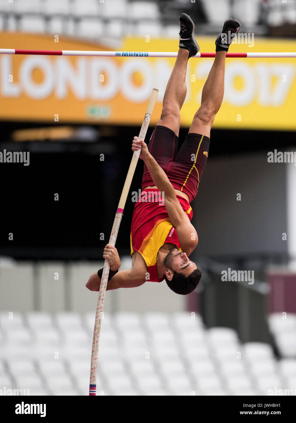 London, UK. 12th Aug, 2017. Spanish athlete Jorge Urena competes in the men's pole-vaulting decathlon event at the IAAF World Championships in London, UK, 12 August 2017. Photo: Bernd Thissen/dpa/Alamy Live News Stock Photo