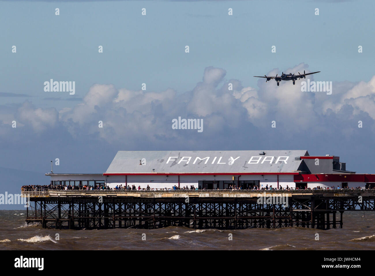 Blackpool, Lancashire, UK. 12th Aug, 2017. Lancaster from the Battle of Britain Memorial Flight over the Central Pier at Blackpool Credit: Russell Millner/Alamy Live News Stock Photo