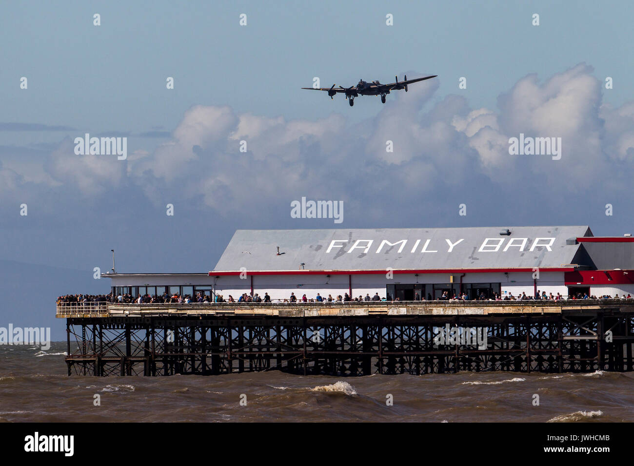 Blackpool, Lancashire, UK. 12th Aug, 2017. Lancaster from the Battle of Britain Memorial Flight over the Central Pier at Blackpool Credit: Russell Millner/Alamy Live News Stock Photo