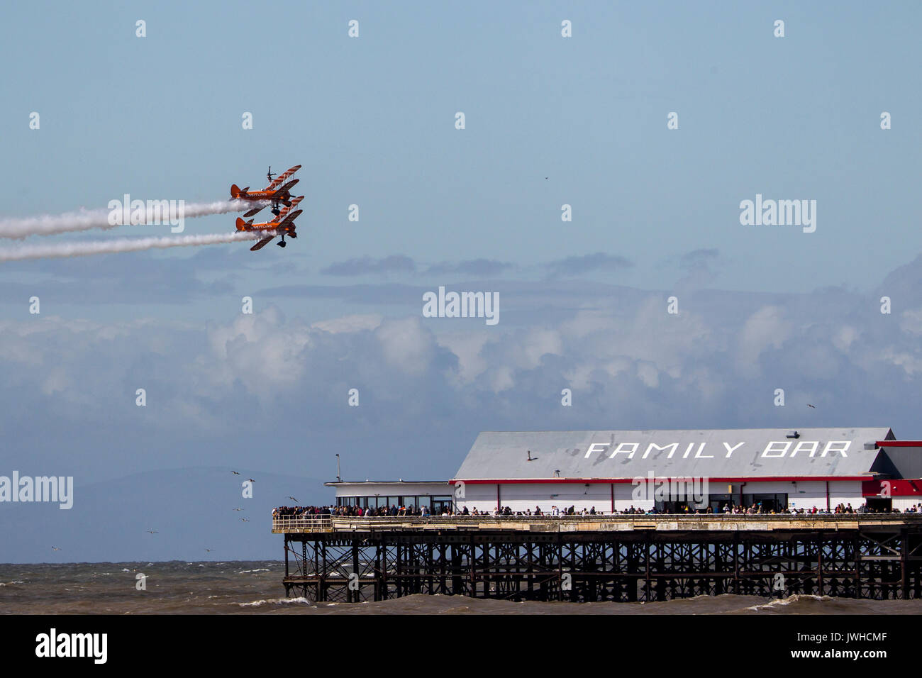 Blackpool, Lancashire, UK. 12th Aug, 2017. Breitling Aerial Display Team over Central Pier at Blackpool Credit: Russell Millner/Alamy Live News Stock Photo