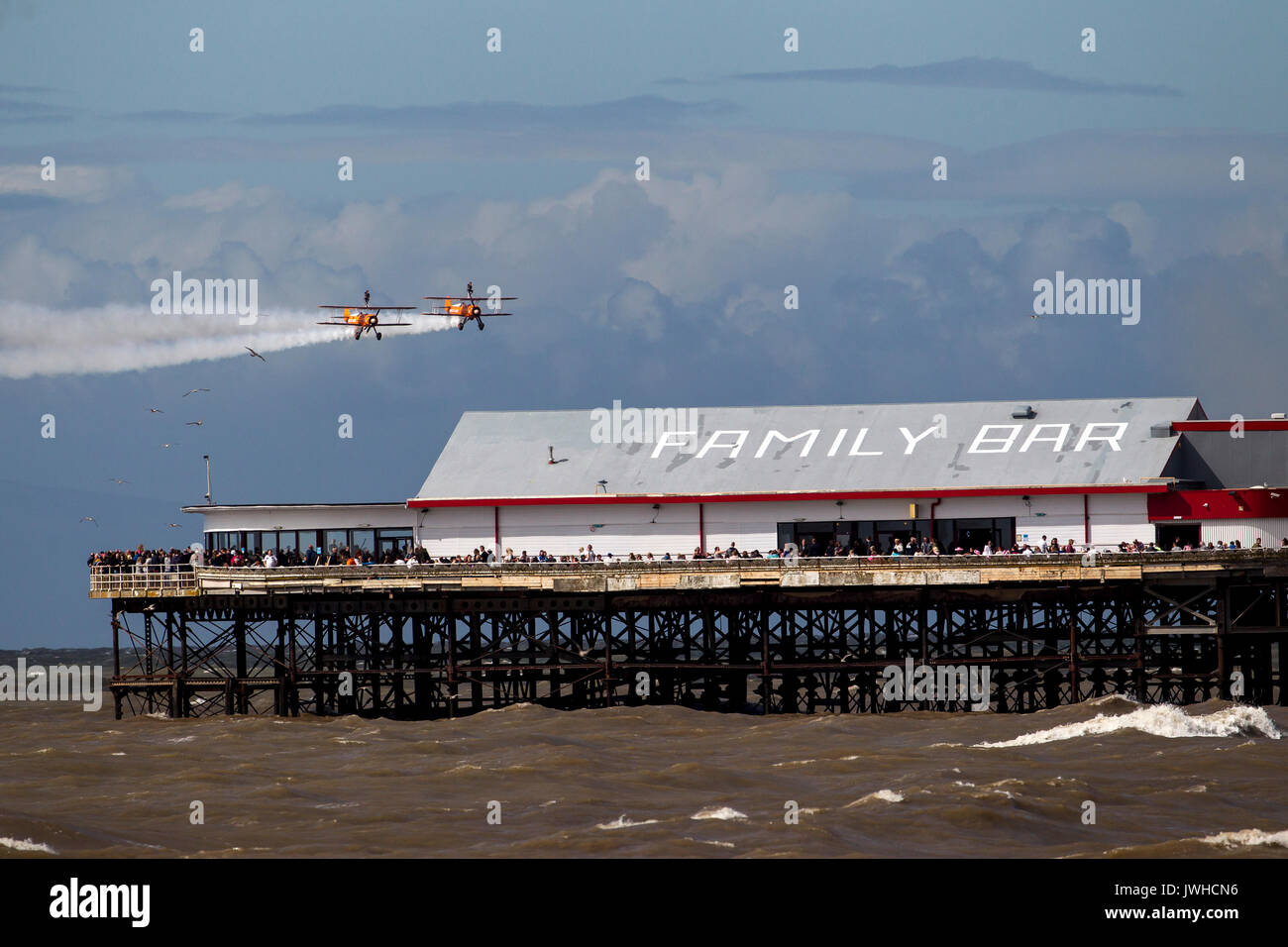 Blackpool, Lancashire, UK. 12th Aug, 2017. Breitling Aerial Display Team over Central Pier at Blackpool Credit: Russell Millner/Alamy Live News Stock Photo