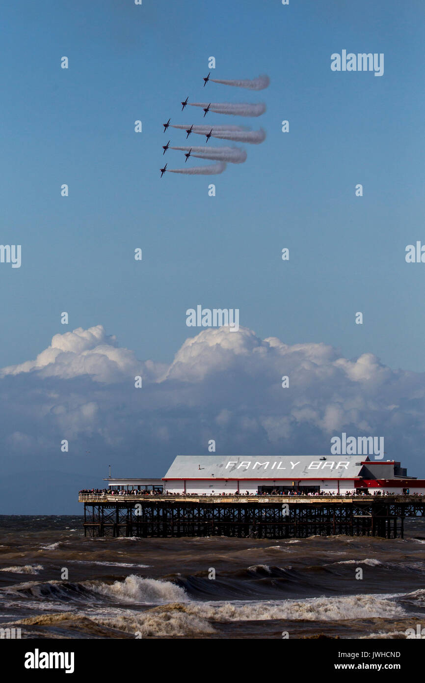 Blackpool, Lancashire, UK. 12th Aug, 2017. The RAF Red Arrows apparently overflying the Central Pier at Blackpool Credit: Russell Millner/Alamy Live News Stock Photo